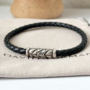David Yurman Sterling Silver Black Leather Men's One Row Chevron Bracelet